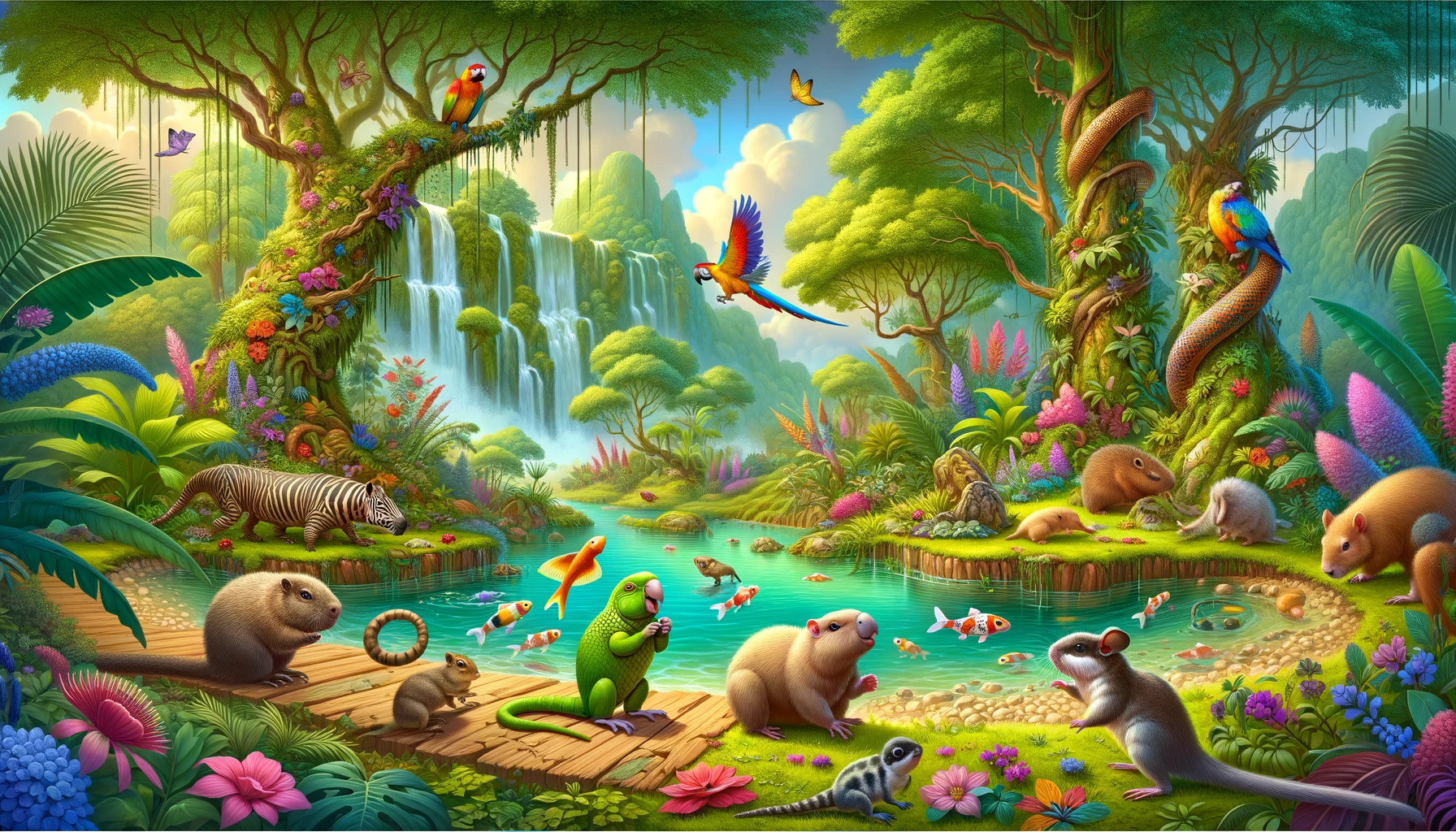 DALL·E 2023 12 19 18.51.12 A whimsical vibrant landscape featuring a variety of exotic pets in a fantastical setting. Imagine a lush green jungle with towering trees and casca - AutomatikLabs